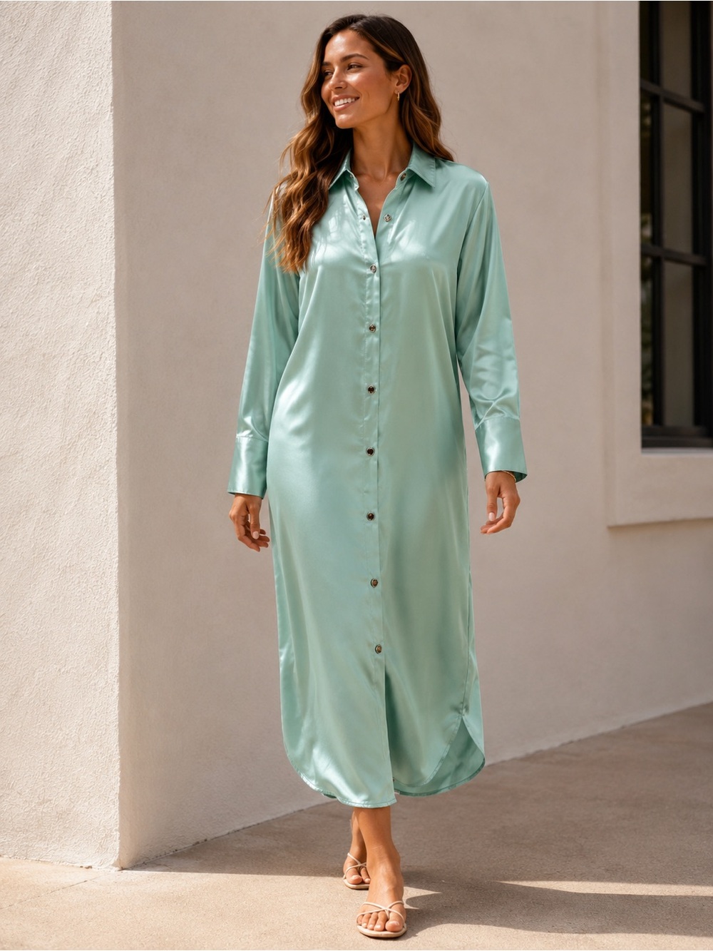 Aleeza Paris Mint Green Button Front Satin Shirt Dress S Relaxed Maxi Wedding
